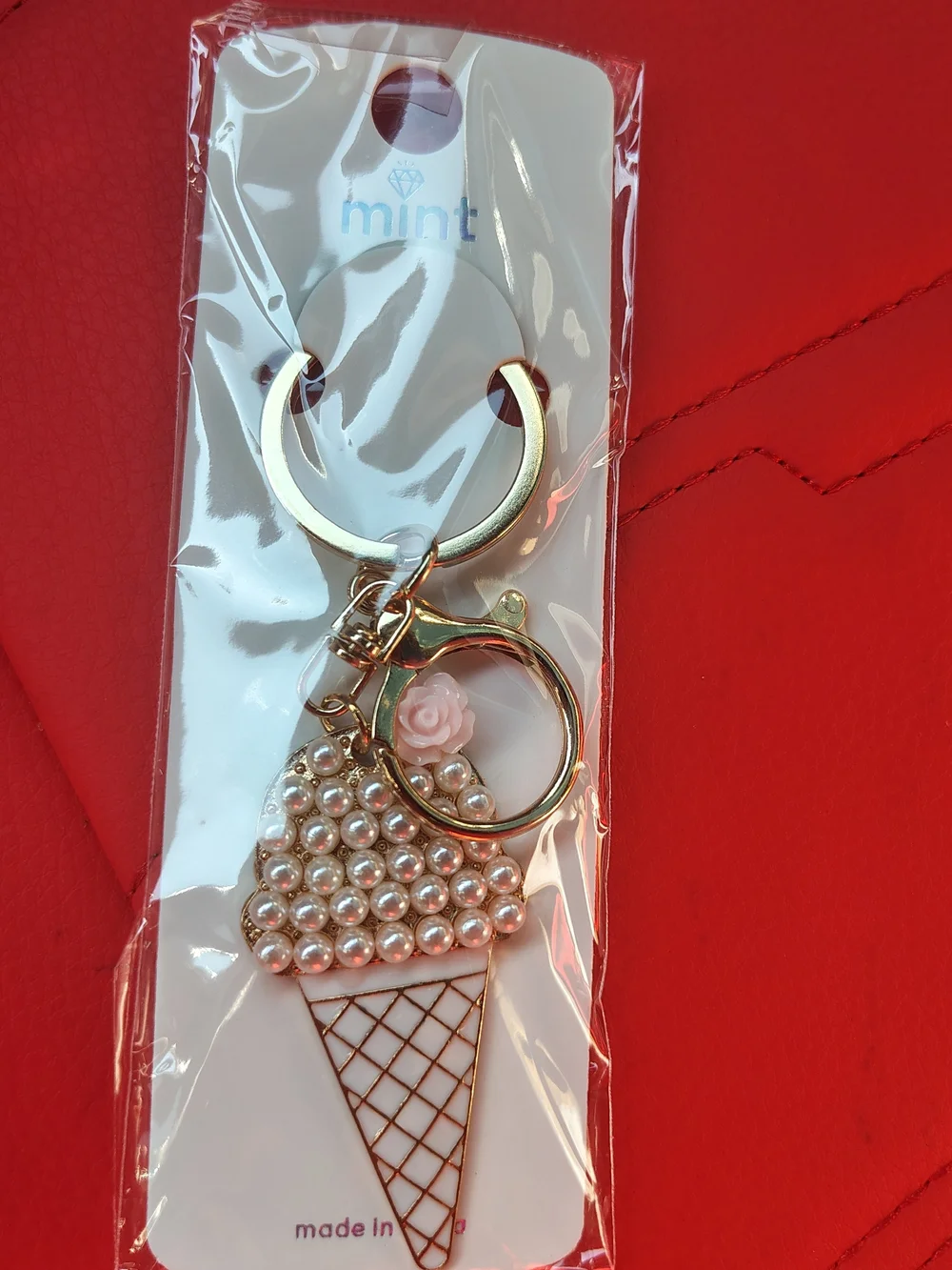 Mint Gold-Tone Pearl Ice Cream Cone Key & Card Holder with Pink Rose